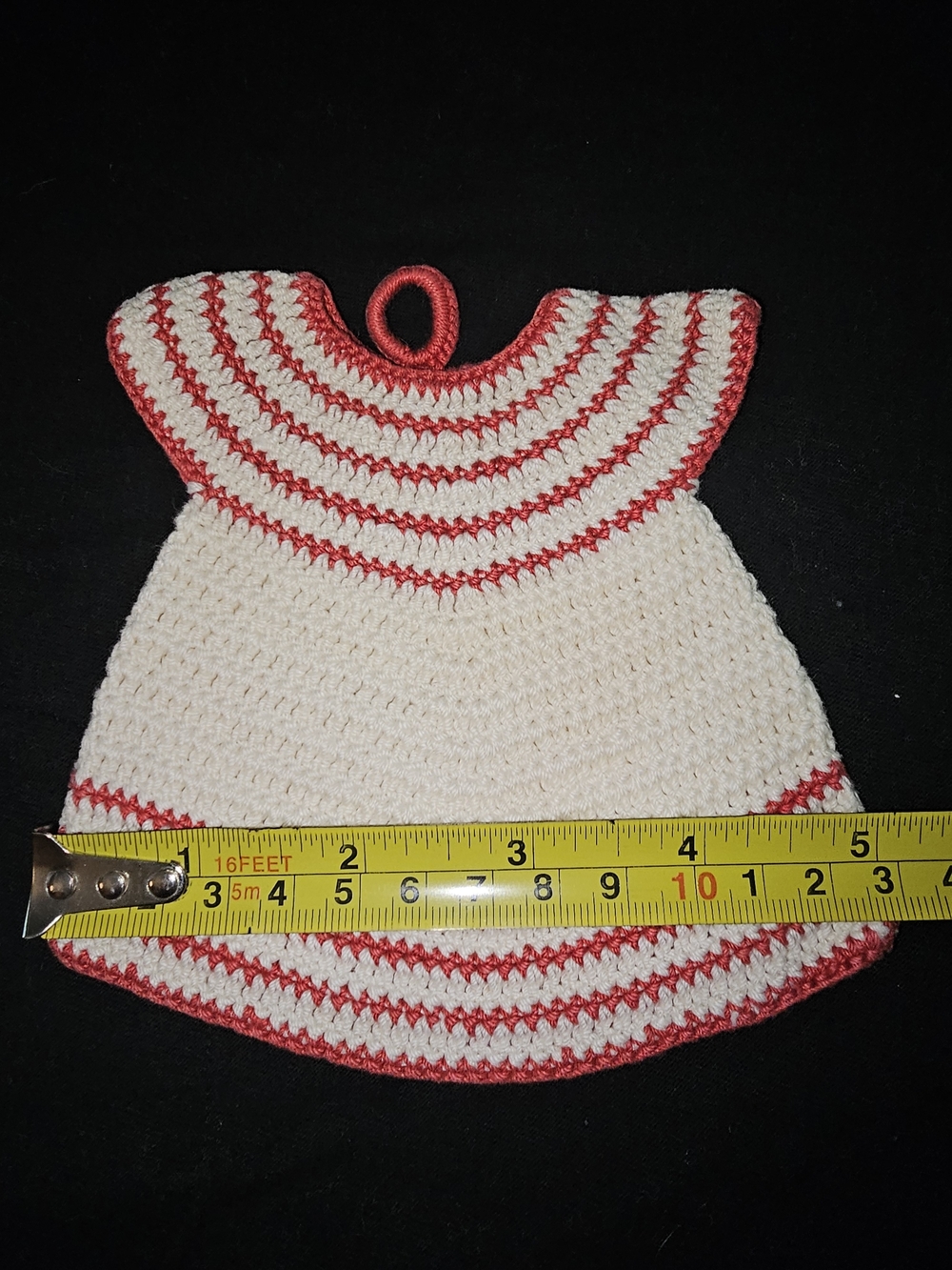 Handmade Cream and Red Crochet Dress Pot Holder - Picture 3 of 5